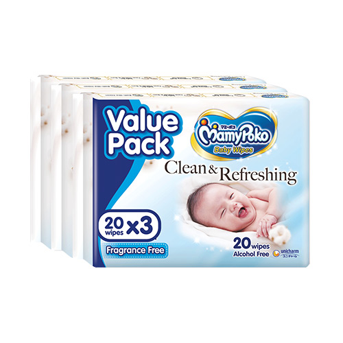 MAMYPOKO BABY WIPES (NON-FRAGRANCE) 20S X 3 [4 sets, 20 sheets per pack x 3 packs]
